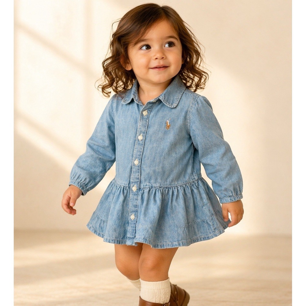 Polo Ralph Lauren Dress Baby Girl 12-24 Blue Chambray Denim Button-Up Ruffle Hem